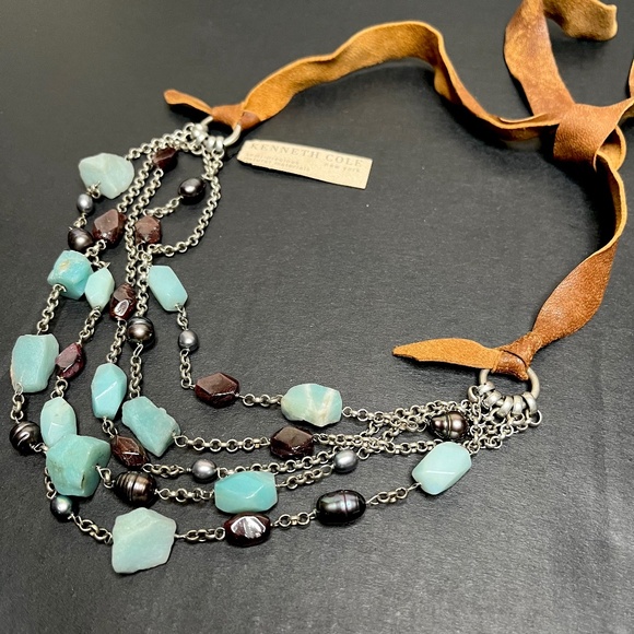 Vintage Kenneth Cole Blue Stone Necklace Brown Leather Wrap Chunky Southwestern